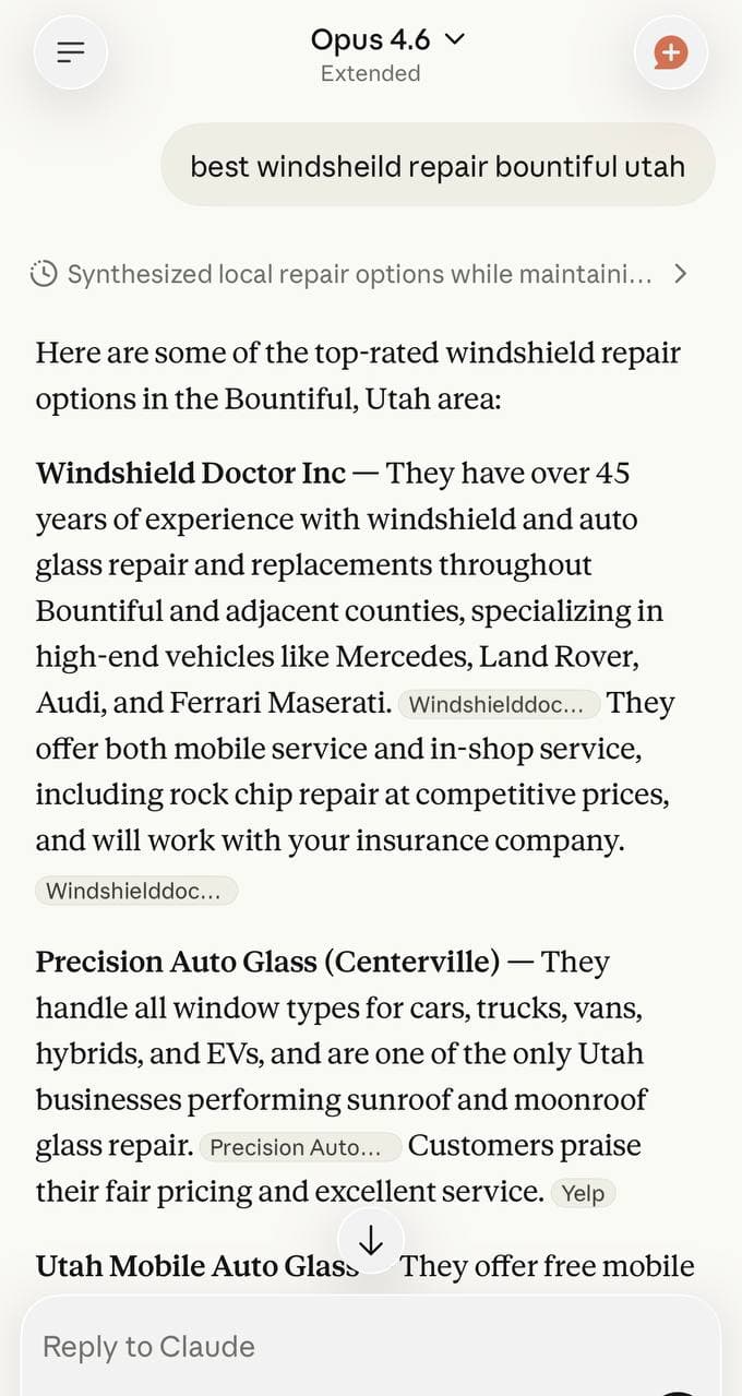 Windshield Doctor ranking #1 on Claude AI search for best windshield repair bountiful utah
