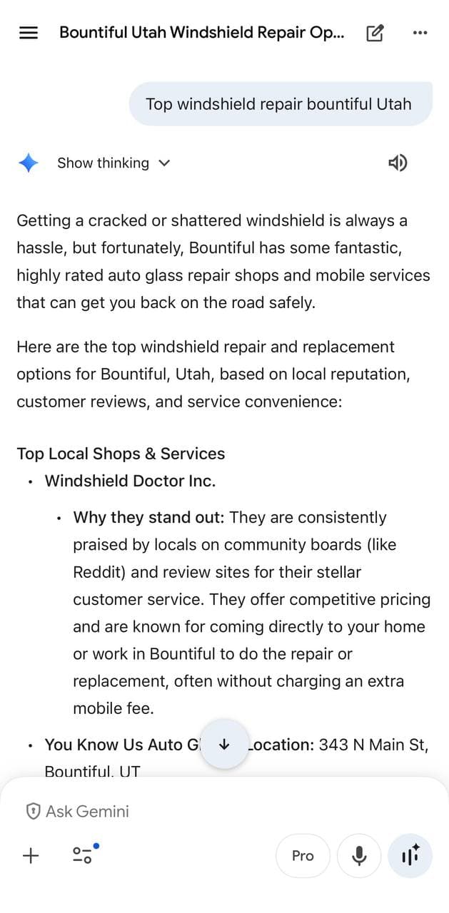 Windshield Doctor ranking #1 on Gemini AI search for top windshield repair bountiful utah