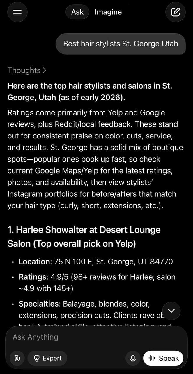 Harlee Showalter ranking #1 on Grok AI search for best hair stylists St. George Utah